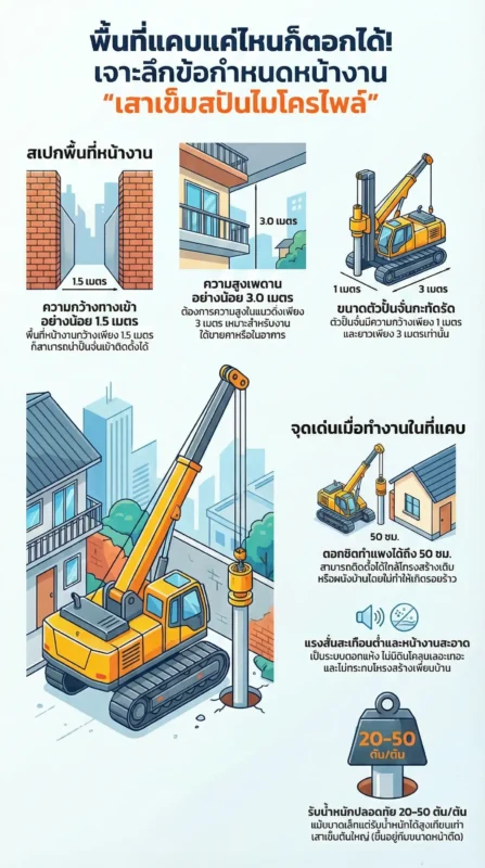 ตอกเสาเข็มสปันไมโครไพล์ได้ ต้องใช้พื้นที่ทำงานแค่ไหน