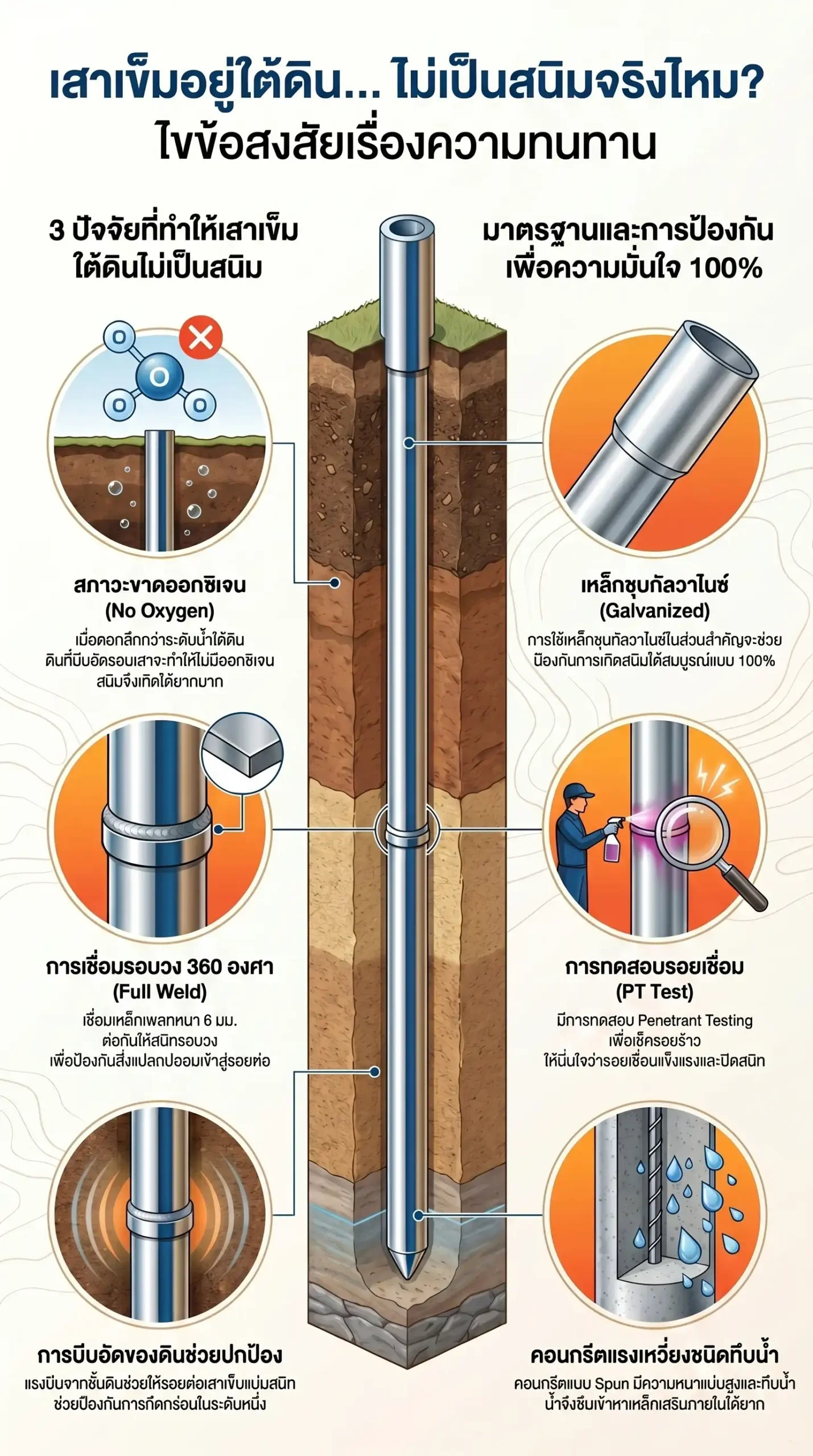 ความเชื่อที่ว่าเสาเข็มที่อยู่ใต้ดินจะไม่เป็นสนิมนั้น **เป็นความจริงในระดับที่สูงมาก** โดยเฉพาะสำหรับเสาเข็มสปันไมโครไพล์ที่ได้รับการติดตั้งตามมาตรฐานวิศวกรรม เนื่องจากมีปัจจัยสนับสนุนหลายประการดังนี้ครับ: ### **1. สภาวะที่ไม่มีออกซิเจน (Lack of Oxygen)** การเกิดสนิมต้องอาศัย **ออกซิเจน** เป็นปัจจัยหลัก แต่เมื่อเสาเข็มถูกตอกลงไปลึกในชั้นดิน โดยเฉพาะในระดับที่ลึกกว่าระดับน้ำใต้ดิน รอยเชื่อมและส่วนที่เป็นเหล็กจะถูกล้อมรอบด้วยชั้นดินที่หนาแน่น ในสภาวะที่ลึกและถูกบีบอัดเช่นนี้จะ**ไม่มีออกซิเจน** ทำให้การเกิดปฏิกิริยาออกซิเดชันจนกลายเป็นสนิมเกิดขึ้นได้ยากมาก หรือเกิดขึ้นน้อยมากจนไม่มีผลกระทบต่อความแข็งแรงของโครงสร้าง ### **2. การบีบอัดของดิน (Soil Compression)** ในขณะที่ตอกเสาเข็มลงไปลึกๆ ดินจะเกิดการบีบตัวรอบๆ รอยต่ออย่างหนาแน่น แรงบีบนี้ช่วยให้รอยต่อและรอยเชื่อมแนบสนิทกันมากขึ้น ทำหน้าที่คล้ายเกราะป้องกันสารกัดกร่อนหรือความชื้นจากภายนอกไม่ให้เข้าถึงเนื้อเหล็กเพลทได้ง่าย ### **3. ความทึบน้ำของคอนกรีตสปัน** คอนกรีตที่ผลิตด้วยกรรมวิธีปั่นเหวี่ยง (Spun Process) จะมีความหนาแน่นสูงกว่าคอนกรีตทั่วไป ส่งผลให้มี**ความทึบน้ำสูงมาก** ทำให้น้ำและออกซิเจนซึมผ่านเข้าไปหาเหล็กเสริมภายในตัวเสาเข็มได้ยากกว่าปกติ ### **4. เทคโนโลยีการป้องกันเพิ่มเติม** * **การเชื่อมไฟฟ้าแบบรอบวง (Full Weld):** การเชื่อมเพลทเหล็กหนา 6 มม. แบบ 360 องศาโดยช่างชำนาญการ ช่วยให้รอยต่อแน่นสนิทและมีความแข็งแรงเทียบเท่าเนื้อเหล็ก * **เหล็กชุบกัลวาไนซ์ (Galvanized):** ในกรณีที่ต้องการความมั่นใจสูงสุด สามารถเลือกใช้เหล็กเพลทชุบกัลวาไนซ์ ซึ่งสามารถช่วยป้องกันการเกิดสนิมได้ **100%** ### **ข้อควรระวังที่อาจทำให้เกิดสนิม** แม้ในสภาวะปกติจะไม่เป็นสนิม แต่สนิมยังอาจเกิดขึ้นได้หากกระบวนการติดตั้งไม่ได้มาตรฐาน เช่น: * **การเชื่อมที่ไม่สมบูรณ์:** หากเชื่อมไม่เต็มรอบหรือรอยเชื่อมมีฟองอากาศ อาจกลายเป็นช่องว่างให้เกิดการกัดกร่อน * **การตั้งดิ่งไม่ตรง:** หากเสาเข็มเอียงจะทำให้หน้าสัมผัสของเพลทเหล็กไม่แนบสนิทกัน ส่งผลต่อความสมบูรณ์ของรอยเชื่อม **สรุปคือ** หากใช้เสาเข็มที่ผลิตและติดตั้งตามมาตรฐาน **มอก. 397-2562** ของ **TPN ภูมิสยาม** ซึ่งมีการควบคุมรอยเชื่อมและการตั้งดิ่งอย่างเข้มงวด เสาเข็มที่อยู่ใต้ดินจะปลอดภัยจากการผุกร่อนและมีอายุการใช้งานที่ยาวนานครับ